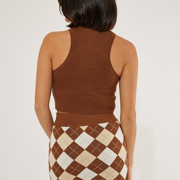 Womens Matching Set Outfit Tank Skirt Mini Size XS Brown Ivory Diamond Stretch - Picture 8 of 16